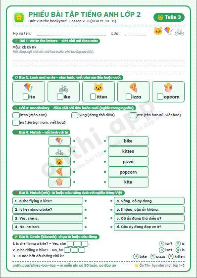 Phiếu bài tập cuối tuần Tiếng Anh lớp 2 tuần 3 đẹp, in màu: Unit 2 In the backyard · Lesson 2–3 (SGK tr. 10–11)