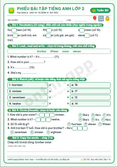 Phiếu bài tập Tiếng Anh lớp 2 tuần 30: Fun time 4 – ôn Unit 13–14