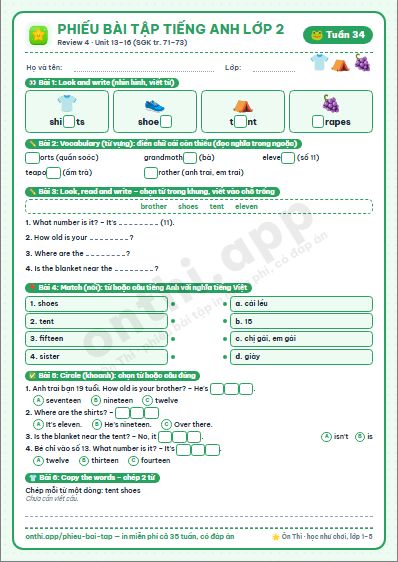 Phiếu bài tập Tiếng Anh lớp 2 tuần 34: Review 4 – ôn Unit 13–16