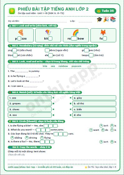 Phiếu bài tập Tiếng Anh lớp 2 tuần 35: Ôn tập cuối năm – Unit 1–16