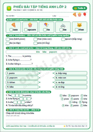 Phiếu bài tập cuối tuần Tiếng Anh lớp 2 tuần 4 đẹp, in màu: Fun time 1 · Unit 1–2 (SGK tr. 12–13)
