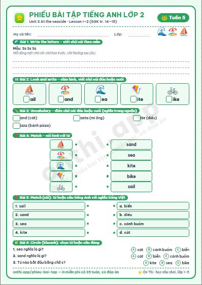 Phiếu bài tập cuối tuần Tiếng Anh lớp 2 tuần 5 đẹp, in màu: Unit 3 At the seaside · Lesson 1–2 (SGK tr. 14–15)
