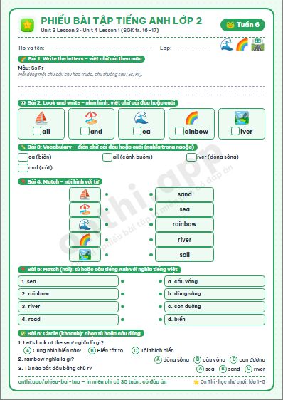 Phiếu bài tập cuối tuần Tiếng Anh lớp 2 tuần 6 đẹp, in màu: Unit 3 Lesson 3 · Unit 4 Lesson 1 (SGK tr. 16–17)