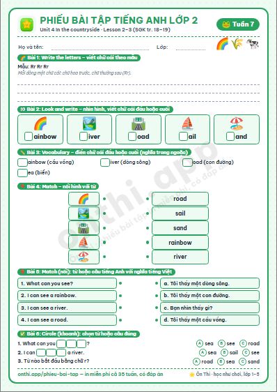 Phiếu bài tập cuối tuần Tiếng Anh lớp 2 tuần 7: Unit 4. In the countryside – Lesson 2, 3 (tr. 18–19)