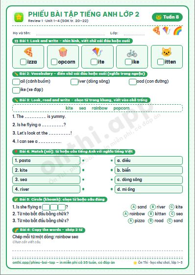 Phiếu bài tập cuối tuần Tiếng Anh lớp 2 tuần 8 đẹp, in màu: Review 1 · Unit 1–4 (SGK tr. 20–22)