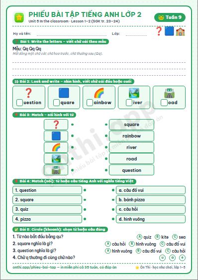 Phiếu bài tập cuối tuần Tiếng Anh lớp 2 tuần 9: Unit 5. In the classroom – Lesson 1, 2 (tr. 23–24)