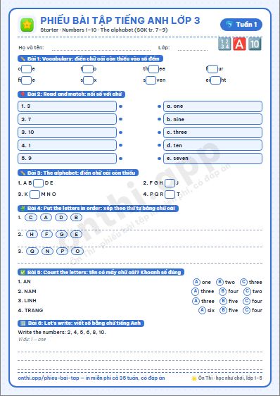 Phiếu bài tập cuối tuần Tiếng Anh lớp 3 tuần 1 đẹp, in màu: Starter · Numbers 1–10 · The alphabet (SGK tr. 7–9)