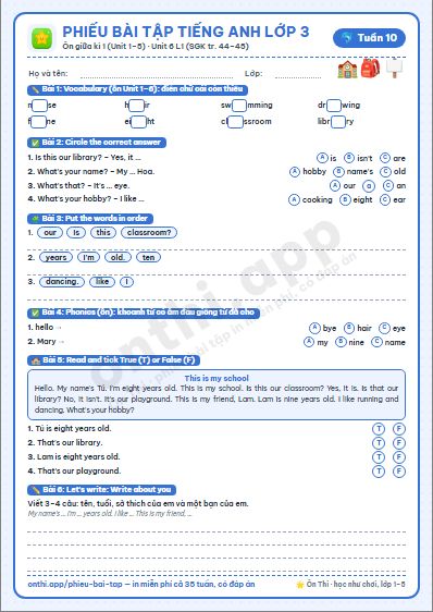Phiếu bài tập cuối tuần Tiếng Anh lớp 3 tuần 10: Ôn tập + kiểm tra giữa HK1 (Starter–Unit 5); Unit 6 Our school – Lesson 1 (tr. 44–45)