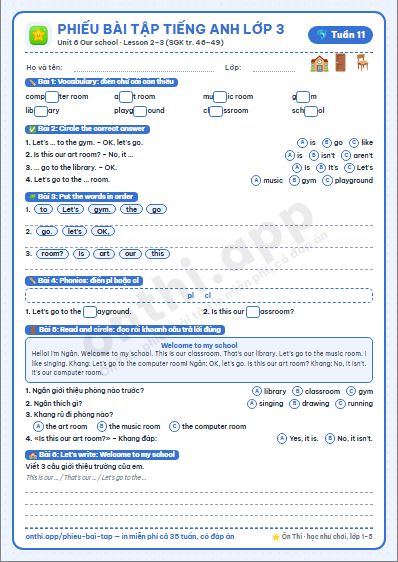 Phiếu bài tập cuối tuần Tiếng Anh lớp 3 tuần 11 đẹp, in màu: Unit 6 Our school · Lesson 2–3 (SGK tr. 46–49)