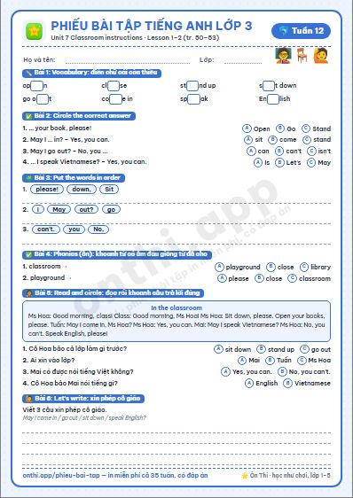 Phiếu bài tập cuối tuần Tiếng Anh lớp 3 tuần 12 đẹp, in màu: Unit 7 Classroom instructions · Lesson 1–2 (tr. 50–53)