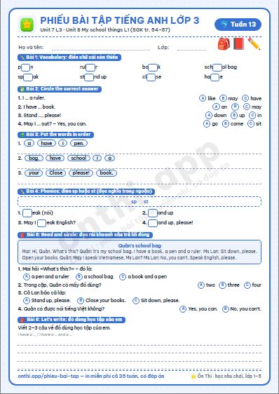 Phiếu bài tập cuối tuần Tiếng Anh lớp 3 tuần 13 đẹp, in màu: Unit 7 L3 · Unit 8 My school things L1 (SGK tr. 54–57)