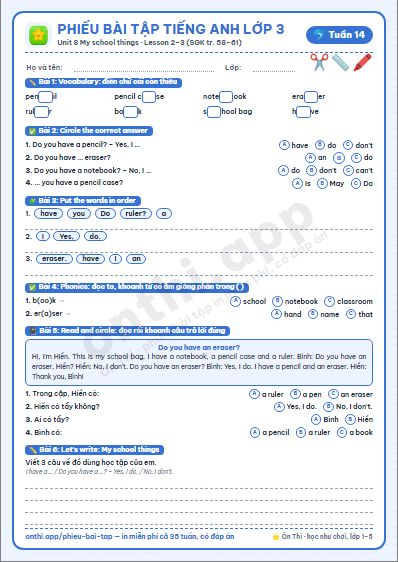 Phiếu bài tập Tiếng Anh lớp 3 tuần 14: Unit 8 – Lesson 2, 3