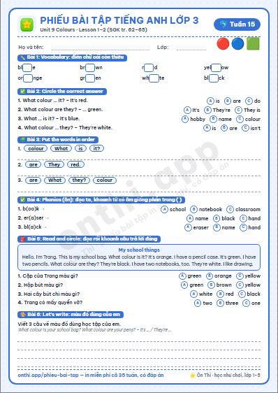 Phiếu bài tập cuối tuần Tiếng Anh lớp 3 tuần 15 đẹp, in màu: Unit 9 Colours · Lesson 1–2 (SGK tr. 62–65)