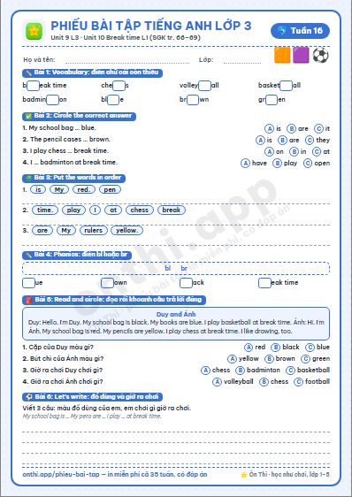Phiếu bài tập cuối tuần Tiếng Anh lớp 3 tuần 16 đẹp, in màu: Unit 9 L3 · Unit 10 Break time L1 (SGK tr. 66–69)