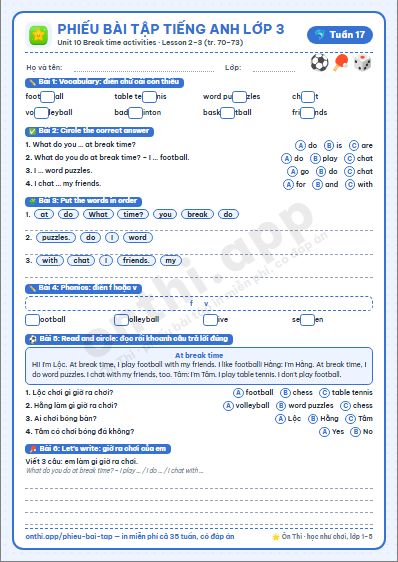 Phiếu bài tập cuối tuần Tiếng Anh lớp 3 tuần 17 đẹp, in màu: Unit 10 Break time activities · Lesson 2–3 (tr. 70–73)