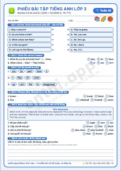 Phiếu bài tập cuối tuần Tiếng Anh lớp 3 tuần 18 đẹp, in màu: Review 2 & ôn cuối kì 1 (Unit 1–10) (SGK tr. 74–77)