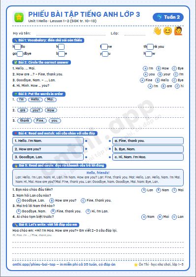 Phiếu bài tập cuối tuần Tiếng Anh lớp 3 tuần 2 đẹp, in màu: Unit 1 Hello · Lesson 1–2 (SGK tr. 10–13)