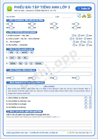 Phiếu bài tập Tiếng Anh lớp 3 tuần 21: Unit 12 – Lesson 2, 3 (tập hai tr. 14–17)