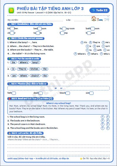 Phiếu bài tập Tiếng Anh lớp 3 tuần 22: Unit 13 My house – Lesson 1, 2 (tập hai tr. 18–21)