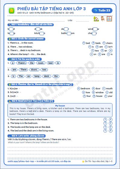 Phiếu bài tập Tiếng Anh lớp 3 tuần 23: Unit 13 – Lesson 3; Unit 14 My bedroom – Lesson 1 (tập hai tr. 22–25)