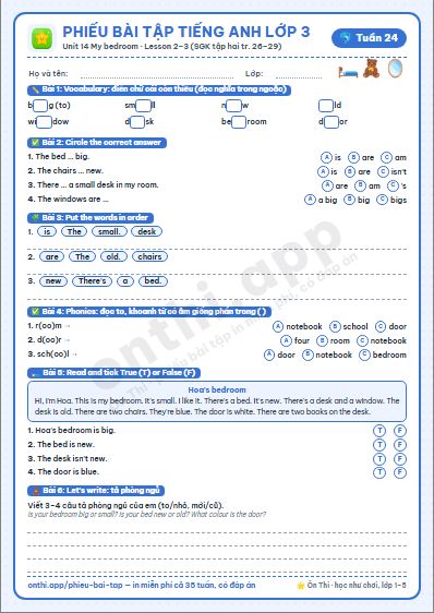 Phiếu bài tập Tiếng Anh lớp 3 tuần 24: Unit 14 – Lesson 2, 3 (tập hai tr. 26–29)