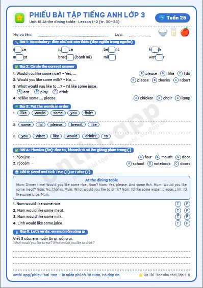 Phiếu bài tập Tiếng Anh lớp 3 tuần 25: Unit 15 At the dining table – Lesson 1, 2 (tập hai tr. 30–33)