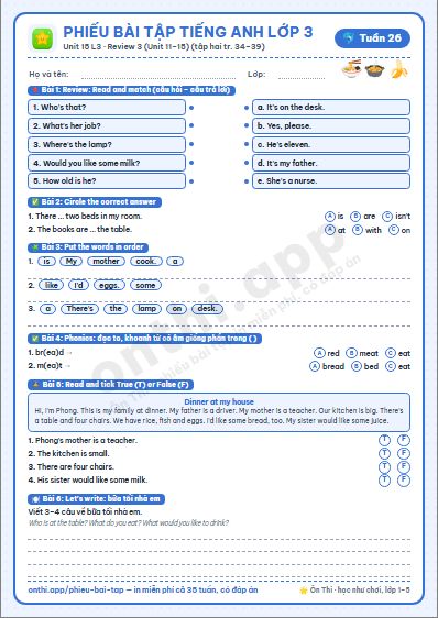 Phiếu bài tập Tiếng Anh lớp 3 tuần 26: Unit 15 – Lesson 3; Review 3 & Fun time (tập hai tr. 34–39)