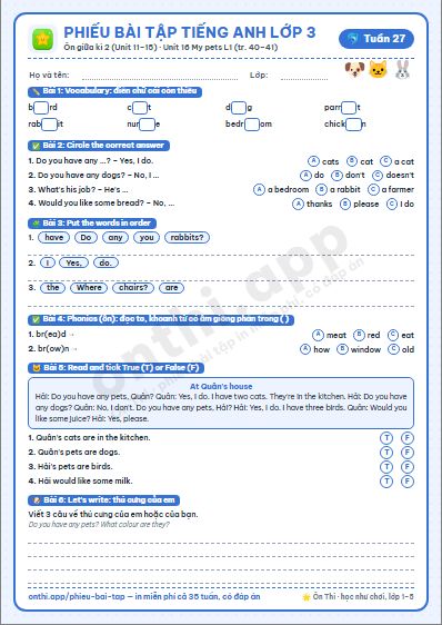 Phiếu bài tập Tiếng Anh lớp 3 tuần 27: Ôn tập + kiểm tra giữa HK2 (Unit 11–15); Unit 16 My pets – Lesson 1 (tập hai tr. 40–41)