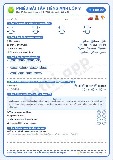 Phiếu bài tập Tiếng Anh lớp 3 tuần 29: Unit 17 Our toys – Lesson 1, 2 (tập hai tr. 46–49)