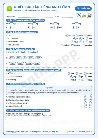 Phiếu bài tập Tiếng Anh lớp 3 tuần 30: Unit 17 – Lesson 3; Unit 18 Playing and doing – Lesson 1 (tập hai tr. 50–53)