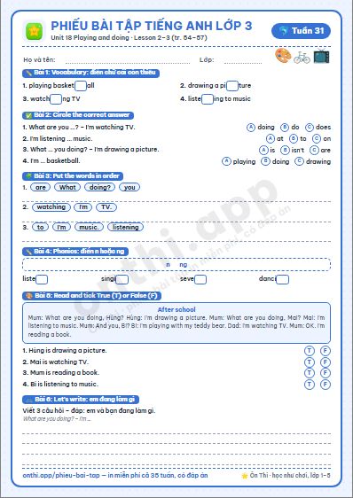 Phiếu bài tập Tiếng Anh lớp 3 tuần 31: Unit 18 – Lesson 2, 3 (tập hai tr. 54–57)
