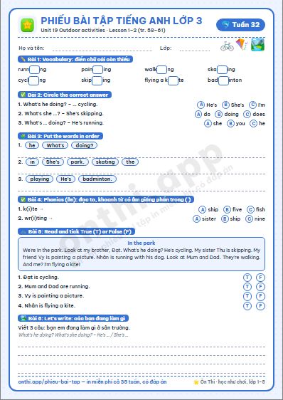 Phiếu bài tập Tiếng Anh lớp 3 tuần 32: Unit 19 Outdoor activities – Lesson 1, 2 (tập hai tr. 58–61)