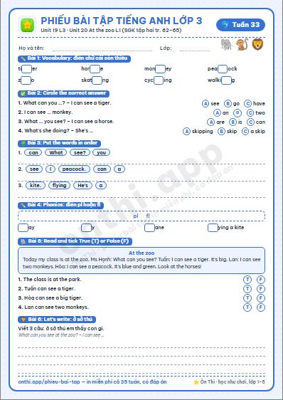 Phiếu bài tập Tiếng Anh lớp 3 tuần 33: Unit 19 – Lesson 3; Unit 20 At the zoo – Lesson 1 (tập hai tr. 62–65)