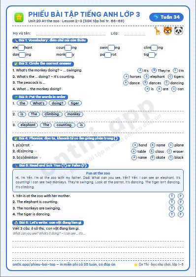 Phiếu bài tập Tiếng Anh lớp 3 tuần 34: Unit 20 – Lesson 2, 3 (tập hai tr. 66–69)