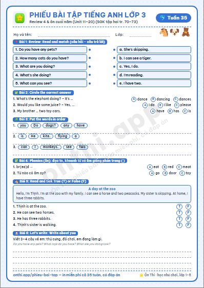 Phiếu bài tập cuối tuần Tiếng Anh lớp 3 tuần 35 đẹp, in màu: Review 4 & ôn cuối năm (Unit 11–20) (SGK tập hai tr. 70–73)