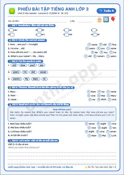 Phiếu bài tập cuối tuần Tiếng Anh lớp 3 tuần 4 đẹp, in màu: Unit 2 Our names · Lesson 2–3 (SGK tr. 18–21)