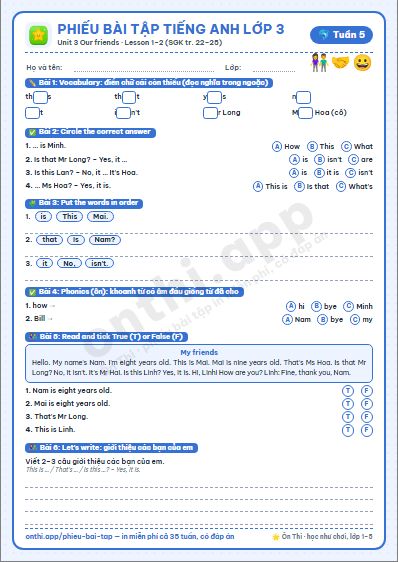 Phiếu bài tập cuối tuần Tiếng Anh lớp 3 tuần 5 đẹp, in màu: Unit 3 Our friends · Lesson 1–2 (SGK tr. 22–25)