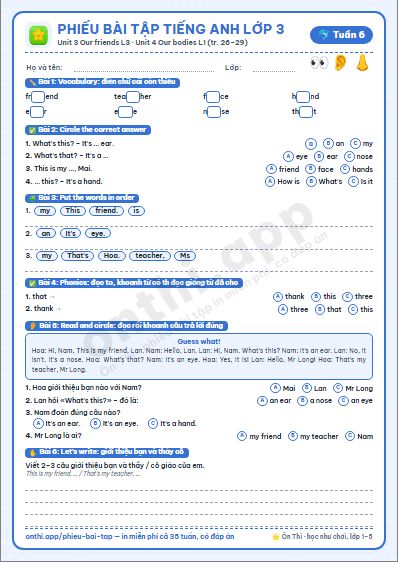 Phiếu bài tập cuối tuần Tiếng Anh lớp 3 tuần 6: Unit 3 – Lesson 3; Unit 4 Our bodies – Lesson 1 (tr. 26–29)
