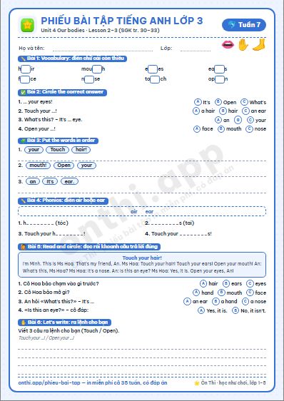 Phiếu bài tập cuối tuần Tiếng Anh lớp 3 tuần 7: Unit 4 – Lesson 2, 3 (tr. 30–33)