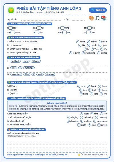 Phiếu bài tập cuối tuần Tiếng Anh lớp 3 tuần 8: Unit 5 My hobbies – Lesson 1, 2 (tr. 34–37)