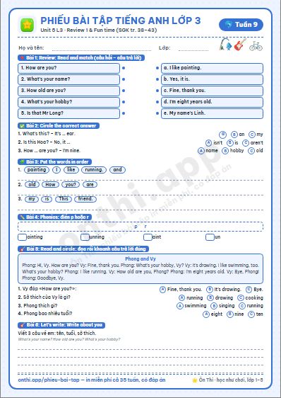 Phiếu bài tập cuối tuần Tiếng Anh lớp 3 tuần 9 đẹp, in màu: Unit 5 L3 · Review 1 & Fun time (SGK tr. 38–43)