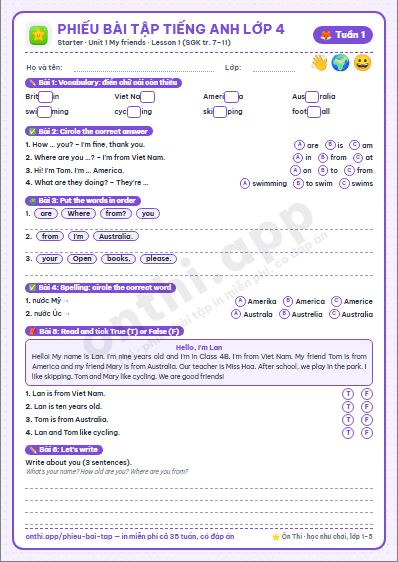 Phiếu bài tập cuối tuần Tiếng Anh lớp 4 tuần 1 đẹp, in màu: Starter · Unit 1 My friends · Lesson 1 (SGK tr. 7–11)