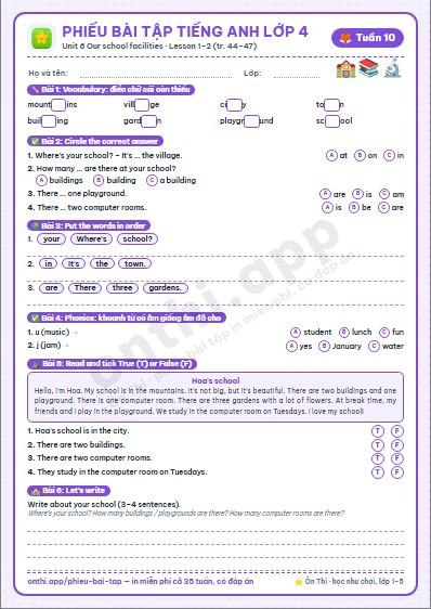 Phiếu bài tập cuối tuần Tiếng Anh lớp 4 tuần 10: Unit 6. Our school facilities – Lesson 1–2 (tr. 44–47)