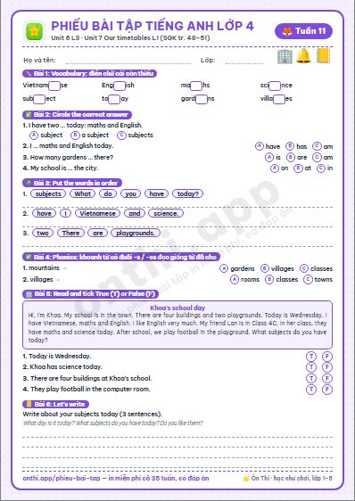 Phiếu bài tập Tiếng Anh lớp 4 tuần 11: Unit 6. Our school facilities – Lesson 3 · Unit 7. Our timetables – Lesson 1