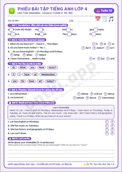 Phiếu bài tập cuối tuần Tiếng Anh lớp 4 tuần 12 đẹp, in màu: Unit 7 Our timetables · Lesson 2–3 (SGK tr. 52–55)
