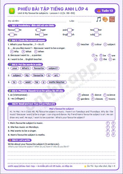 Phiếu bài tập cuối tuần Tiếng Anh lớp 4 tuần 13 đẹp, in màu: Unit 8 My favourite subjects · Lesson 1–2 (tr. 56–59)
