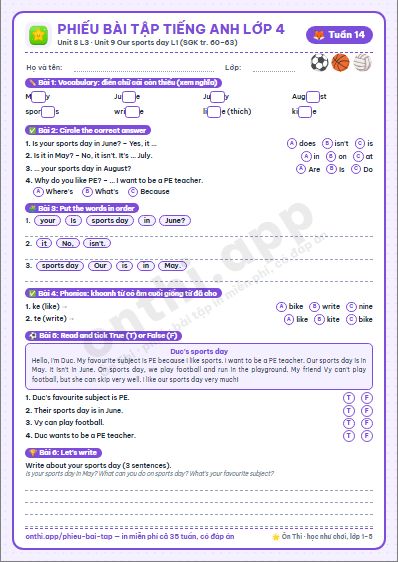 Phiếu bài tập Tiếng Anh lớp 4 tuần 14: Unit 8. My favourite subjects – Lesson 3 · Unit 9. Our sports day – Lesson 1