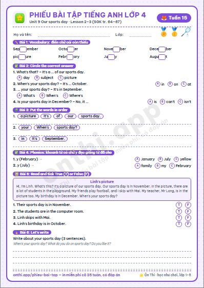 Phiếu bài tập cuối tuần Tiếng Anh lớp 4 tuần 15 đẹp, in màu: Unit 9 Our sports day · Lesson 2–3 (SGK tr. 64–67)