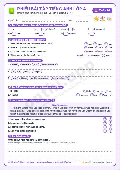 Phiếu bài tập cuối tuần Tiếng Anh lớp 4 tuần 16 đẹp, in màu: Unit 10 Our summer holidays · Lesson 1–2 (tr. 68–71)