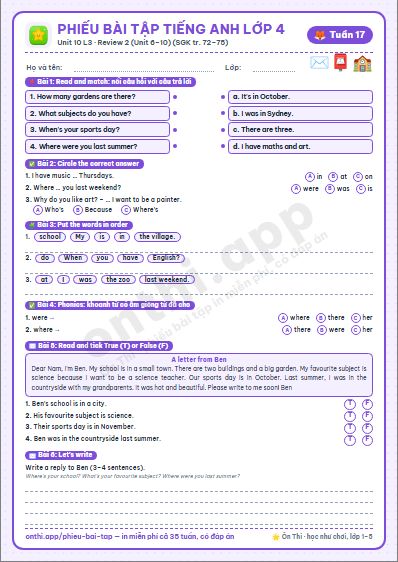 Phiếu bài tập cuối tuần Tiếng Anh lớp 4 tuần 17 đẹp, in màu: Unit 10 L3 · Review 2 (Unit 6–10) (SGK tr. 72–75)